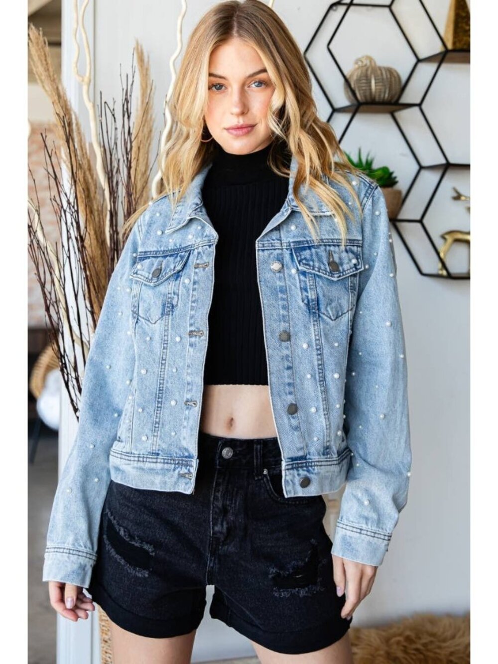 Pearl Embellished Denim Jacket, Classic Pearl Embellished Jacket, Boutique